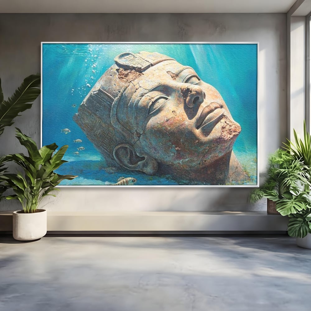 Tablou canvas cu cap de statuie faraonica scufundat, in rama de aluminiu argintiu